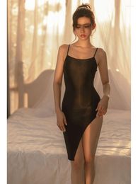 Casual Dresses Spaghetti Strap High Split Vestido Transparent Dress Tights Sexy Clubwear Minifalda Fantasy Sheer Babydoll Lingerie