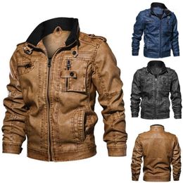 Men's Jackets Fashion Stand Collar Zipper Jacket Tops Long Sleeve PU Leather Casual Outwear Coat Jogging Fitness Slim Large Size