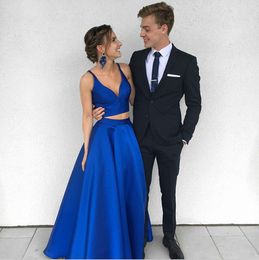 Two Pieces Royal Blue Prom Dresses Separated Evening Party Gowns Crop Top Graduation Dress Evening Dress Satin