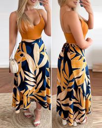 Work Dresses Tow Piece Set For Women Outfit 2023 Summer Casual Vacation Fashion V-Neck Cami Top & Tropical Print Lady Maxi Skirt