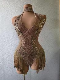 Stage Wear Shiny Gold Rhinestones Bodysuit Sexy Sequins Jumpsuit Festival Outfit Evening Prom Sequin Tassel Birthday Celebrate Costume