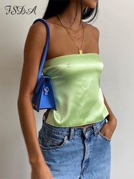 Women's Tanks Camis FSDA Satin Backless Sexy Crop Top Women Green Y2K Summer Cami Bandage Sleeveless Strapless Tank Tops Off Shoulder 230325