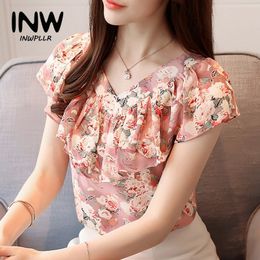 Women's Blouses Shirts Fashion Summer Blouses Women Shirts Plus Size Floral Tops Ladies Short Sleeve Chiffon Blusas Feminina Ruffled Blouse Mujer 230325