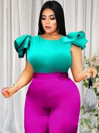 Women's Plus Size TShirt Plus Size Elegant Green Tops Women O Neck Short Sleeve Ruffles Slim Fit Blouses Pullover Short Blouse Office Lady Event Shirts 230325