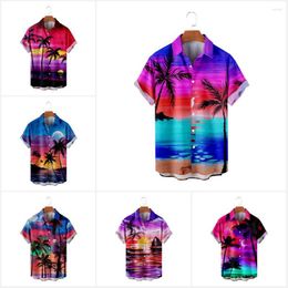 Men's Casual Shirts Summer Hawaiian Beach Landscape Printed Lapel Shirt Fashion Paisley Short Sleeved Loose Breathable Top