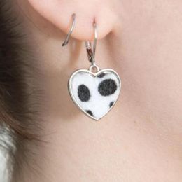 Dangle Earrings INS Fashion Love Heart Enamel Black White Cow Pattern For Women Simple Hoop Ladies Jewellery Accessories