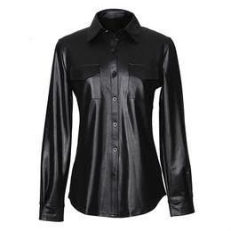 Women's Blouses Shirts Streetwear Black PU Leather Blouse Women Cardigan Buttons Fashion Women's Shirt Top Long Sleeve Solid Color Leather Blouses 230325