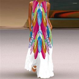 Casual Dresses Indigenous Feather Print Dress 2023 V Neck Oversized Long Summer Woman Sleeveless Girl Beach Maxi Women