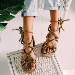 Sandals 2021 New Sandals for Woman's Shoes Braided Rope with Traditional Casual Roma Style Simple Creativity Fashion Pink Summer Lace-up AA230325