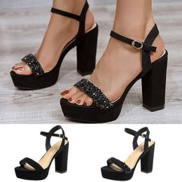 269 Sandals Heels Women High Summer Solid Colour Fish Mouth Open Toe Platform Buckle Strap Square Heel Fashion Part 80