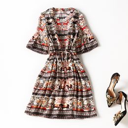 Spring V Neck Silk Horses Print Drawstring Belted Dress Multicolor 1/2 Half Sleeve Knee-Length Casual Dresses C2S123277