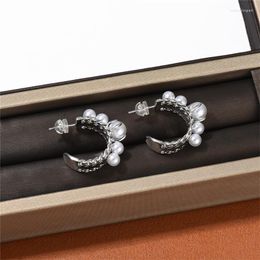 Stud Earrings European/American Fashion Design Half-Circle C-Shaped Pearl S925 Silver Needle Temperament All-Match Jewelry