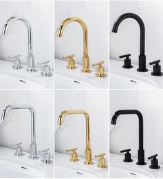 Bathroom Sink Faucets Double Handle 3 Hole Split Basin Faucet Matte Black Solid Brass Piece Set Bathtub