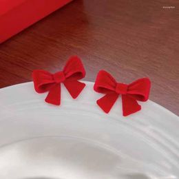 Stud Earrings Happy Year Women's Winter Fashion Red Color Flocking Bowknot Trendy Statement Wedding Jewelry Friends Gift