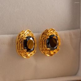 Stud Earrings Elegant Retro Black Glass Stone Metal Studs Earring For Women 925 Silver Needle Modern Jewelry