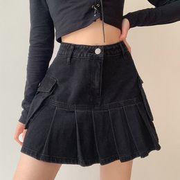 Skirts Gothic Jean Shorts Women Summer Pleated Mini 90s Streetwear Punk Aesthetic Bottom Y2k Sexy Black Jupe Femme 230327