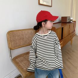 T-shirts Spring Kids Hoodies Girls striped long sleeve T shirts Boys loose cotton sports Tees 230327