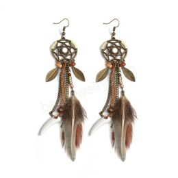 Ethnic Tribe Long Earrings For Women Vintage Hollow Round Rope Wrap Leaf Horn Chain Handmade Bohemian Feather Jewellery Earrings