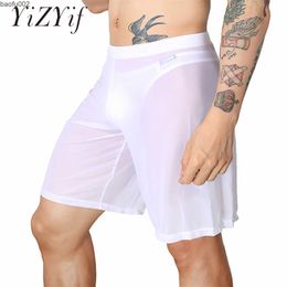 Men's Shorts White Mens Clubwear Pure Colour Elastic Waistband See-through Mesh Casual Shorts Sleeping Shorts Underwear W0327