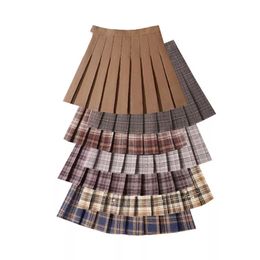 Skirts Vintage Women Pleated Skirts High Waist A-Line Female Plaid Skirt Brown Gothic Woman Mini Skirt Preppy Style Ladies Short Skirts 230327