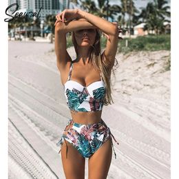 Women's Swimwear High Waist Bikini Set mujer Push Up Bandage Women Floral Two Pieces Swimsuit Strappy biquinitraje de 230327