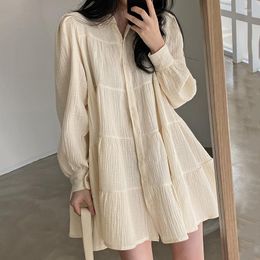 Casual Dresses Dress Women Spring Sum Lapel Puff Sleeves Fashion Short Female Fold Loose Single Breasted Korean Leisure Doll