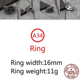 A34 S925 Sterling Silver Ring Opening Fashion Retro Personality Boat Anchor Crusader Flower Versatile Punk Style Jewelry Gift for Lover