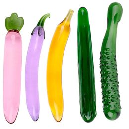 Dildos/Dongs Glass Dildo Banana Eggplant Artificial Penis Cucumber Anal Plug G-spot Vaginal Butt Plug Vegetable Dildos Sex Toys for Women Men 230327