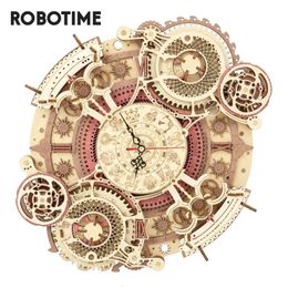 Blocks Robotime Zodiac Wall Clock TIME ART 3D Wooden Puzzle Model Building Block Kits DIY Gift for Children Kid Adult Home Decor 230325