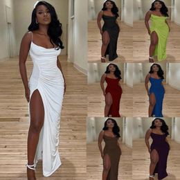 Party Dresses Long Club Dress Sexy Spaghetti Strap Sleeveless Maxi For Women Summer Draped Ruched High Slit