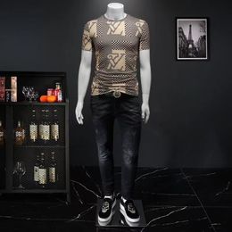 2023 new men's t-shirts fashion printed young men's black brown color slim fit short-sleeved gentlmen male comfortable men's body pluz size 5XL