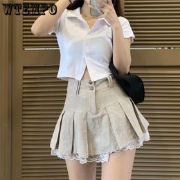 Skirts WTEMPO Korean Fashion Khaki Short Skirt Lace Trim Cute Pleated Skirts Womens Preppy Style Button Up High Waist Summer Skirt 230327