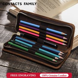 Pencil Bags Genuine Cow Leather Zipper Pen Pouch Pencil Bag Pen Bag Retro Pencil Case School Stationery Bag For Fountain Pen Simple Style 230327