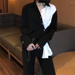 Women's Blouses Autumn Women Vintage Contrast Collar Black Shirt Elegant Long Sleeve Button Up Loose Chiffon Blouse Casual Basic Tops Female