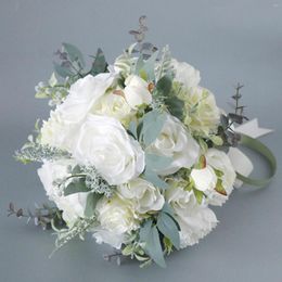 Decorative Flowers Romantic Wedding Bride Bouquets With Silk Ribbon Rose Penoy Eucalyptus Artificial For Party Anniversary Graduation