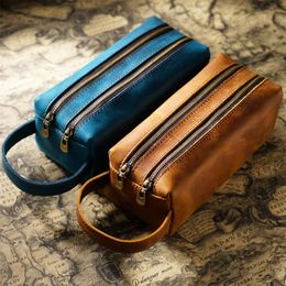 Pencil Bags High Capacity Pen Bag Double Zippers Pencil Stationery Box Genuine Leather School Office Gift Travel Outdoor Storage Bags Retro 230327