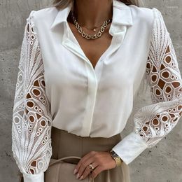 Women's Blouses Women Shirts Long Sleeve Lace Patchwork Solid White And Black Office Ladies V-Neck Blouse Clothes Tops
