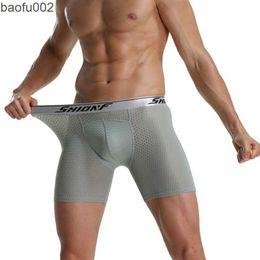 Men's Shorts Seamless Men Boxer Shorts Mesh Breathable Sport Cool Ice Silk Long Leg Big Cock Pouch Underwear Running Tight Boxer Shorts W0327