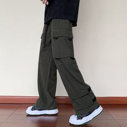 Men's Pants Autumn Winter Men's Parachute Cargo Pants Corduroy Casual Long Trousers Multi-pockets Military Fashion Oversize Pants Black 230327