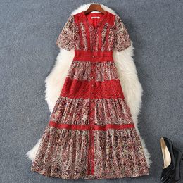 2023 Summer Red Paisley Print Panelled Chiffon Dress Short Sleeve V-Neck Buttons Single-Breasted Casual Dresses M3M25B754