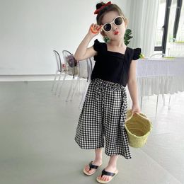 Clothing Sets 2Pcs Baby Girl Set Little Flying Sleeves Top And Plaid Wide Leg Pants Summer Korean Style Kids Outfit Children