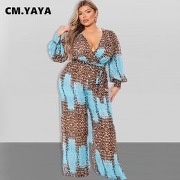 Women's Plus Size Jumpsuits Rompers CM.YAYA Women Plus Size Jumpsuit Print Cleavage Bandage Wide Leg Jumpsuits Sexy Fashion Chiffon Overalls Autumn Romper 230325