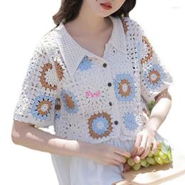 Women's T Shirts Women Knitted Short Sleeve Hollow Sweaters Cardigan Button Down Crochet Crop Top