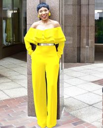 Women's Jumpsuits & Rompers AHVIT Bright Yellow Slash Neck Sexy Skinny Cascading Ruffles Long Sleeve Party Romper Women Wide Leg Jumpsuit SM