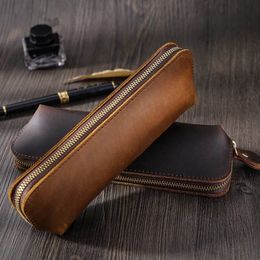 Pencil Bags Handmade Cowhide Leather Vintage Zipper Pen Pencil Case Stationery Storage Bag Office stationery 230327