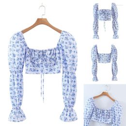 Women's T Shirts Floral Print Tie Front Top And Blouses Square Collar Puff Sleeve Elegant Vintage Sexy Shirt Tops