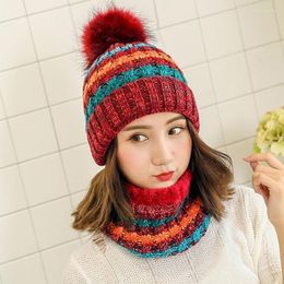 Beanies Beanie/Skull Caps Hat Female Bib Set Autumn And Winter Korean Student Cycling Knit Plus Velvet Thick Woollen Fur Ball CapBeanie/Skull