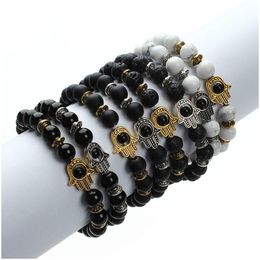 Beaded Natural Stone Black Lava Beads Bracelet Men Gold Colour Hamsa Hand Charm Energy Yoga Mala Bracelets For Women F2830 Drop D Dh96U