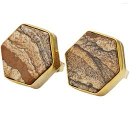 Stud Earrings Picture Jasper Stone Inlay Gold Colour Hexagon Metal Retro Style Women Jewellery