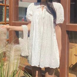 Casual Dresses Lace Hollow Mini Dress White Korean V-Neck Short Puff Sleeve Summer Women Loose Sweet Vestidos Cute Beach Holiday N546